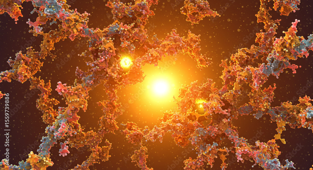 Poster a microscopic view of a complex structure with bright central light and detailed branching patterns