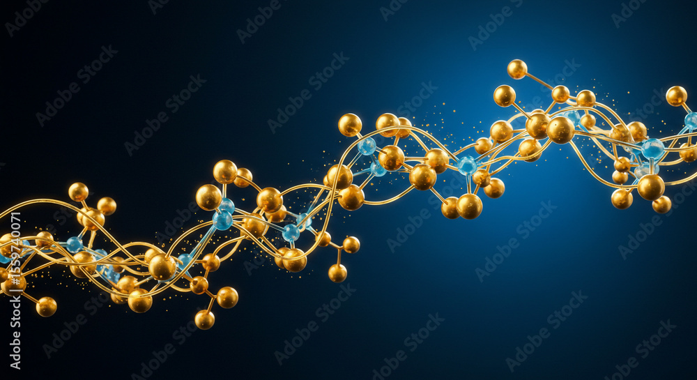 Poster golden and blue molecular structure with connecting lines on a gradient blue background design rende