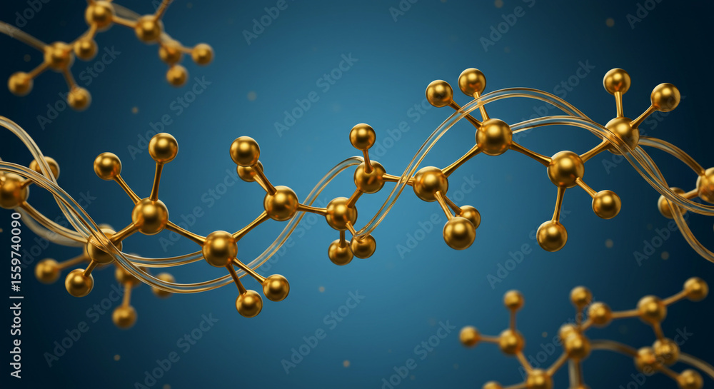 Poster golden molecular structure with transparent strands against a blue gradient background view