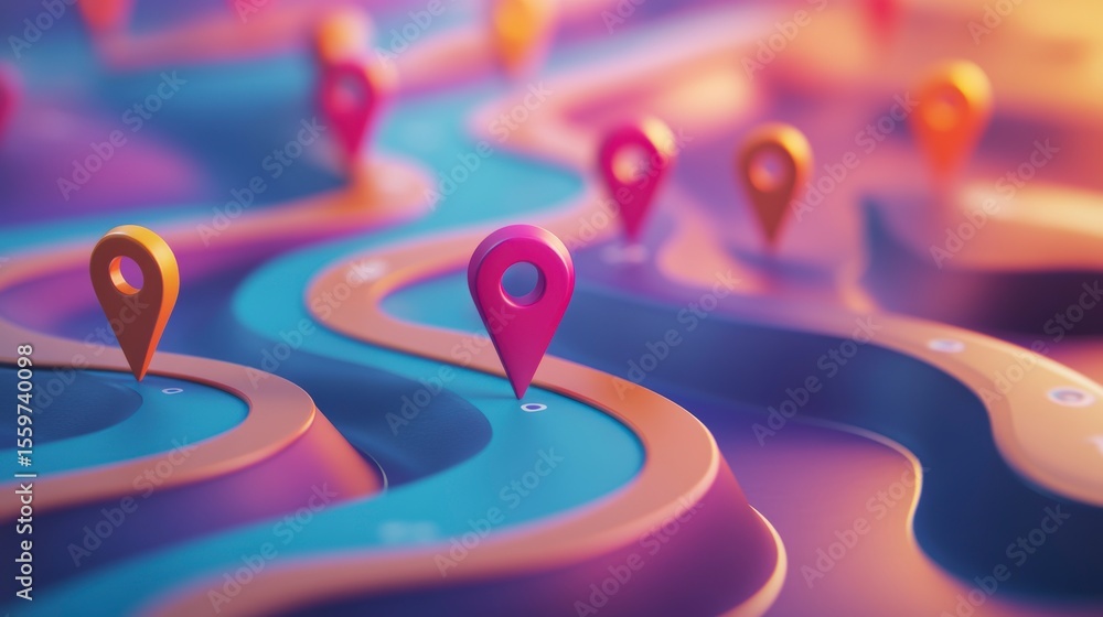 Aufkleber abstract 3d map with colorful location pins marking a winding route.