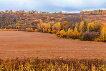 Vibrant autumn landscape with colorful foliage and rolling hills in a serene countryside setting