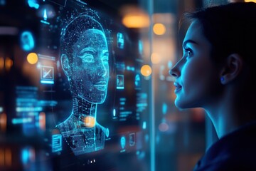 Businessperson interacting with floating AI chatbot avatar on holographic screen