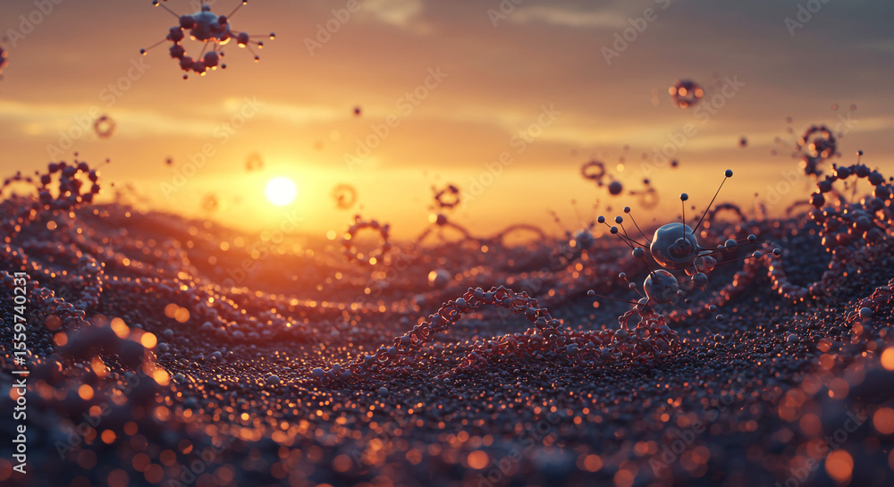 Poster abstract molecular structures floating above a textured surface at sunset with a warm glow