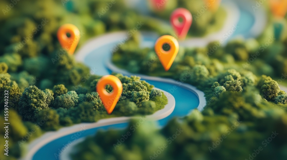 Poster winding river path with location markers on a miniature landscape model.