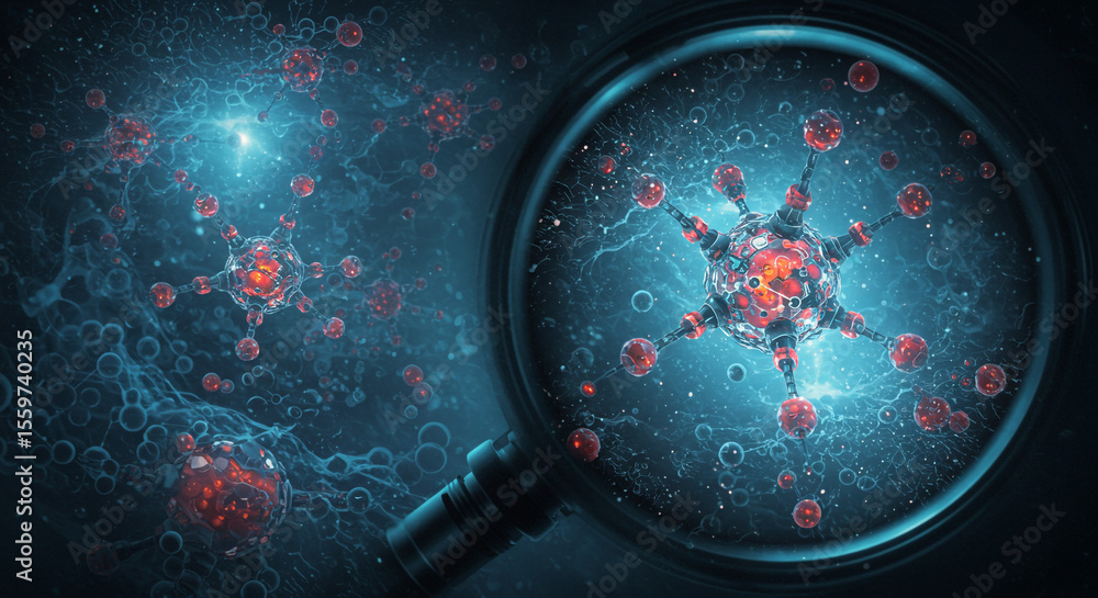 Poster microscopic view of viruses through a magnifying glass in a scientific environment setting