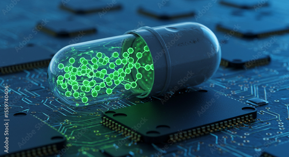 Aufkleber a capsule with green molecular structure inside on a blue circuit board with chips and connecting li