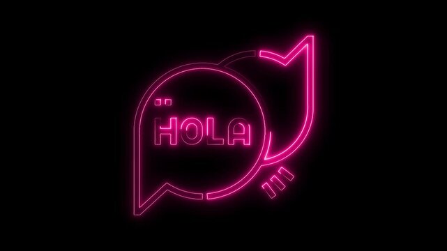 Neon hola greetings sign animation on black background,glowing spanish welcome concept