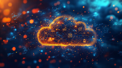 Abstract cloud computing with glowing connections and icons, symbolizing modern digital innovation and seamless data flow.
﻿