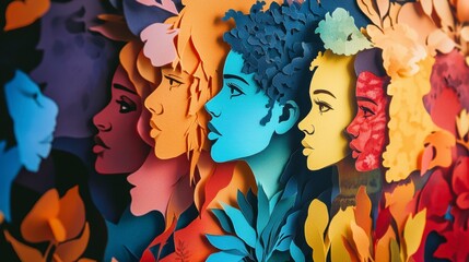 Colorful paper cut-out profiles of diverse women's faces, surrounded by leaves.