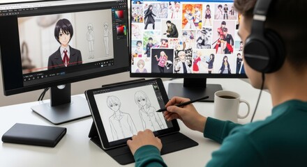 Young asian male artist drawing anime on digital tablet in creative workspace