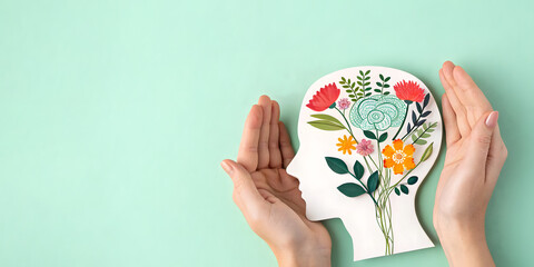 Hands holding paper head, human brain with flowers, self care and mental health concept, positive thinking, creative mind