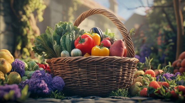 A vibrant basket filled with fresh vegetables and fruits. The colors pop against the lush background. It captures the essence of healthy living. Generative AI