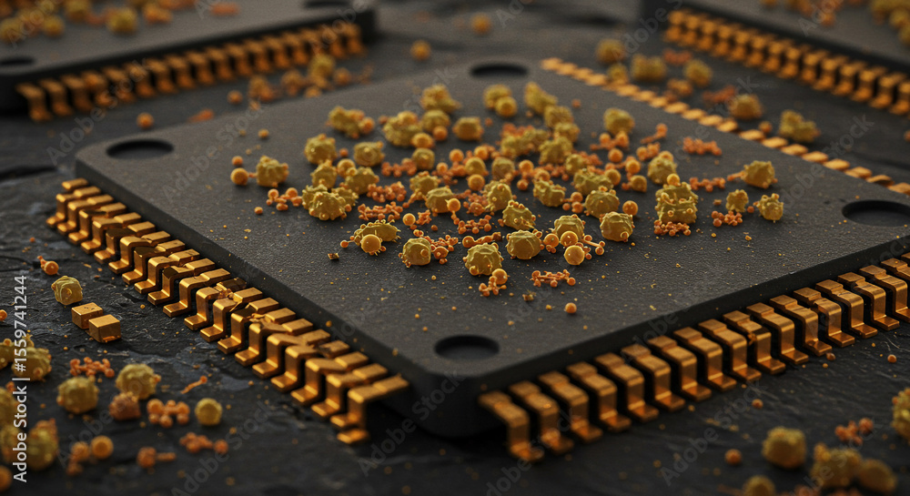 Poster a close up view of microchips with golden connectors and small yellow particles on the surface