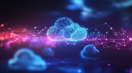 Abstract cloud computing with glowing connections and icons, symbolizing modern digital innovation and seamless data flow.
﻿