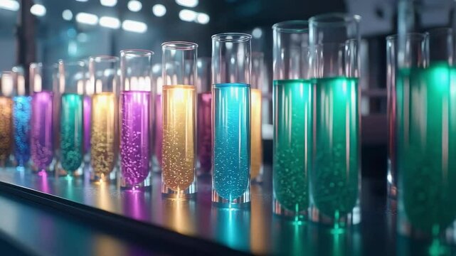 A row of test tubes filled with colorful liquids, each containing bubbles, set against a softly lit background.