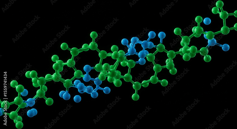 Poster a close up of a molecular structure with green and blue spheres on a black background display scienc