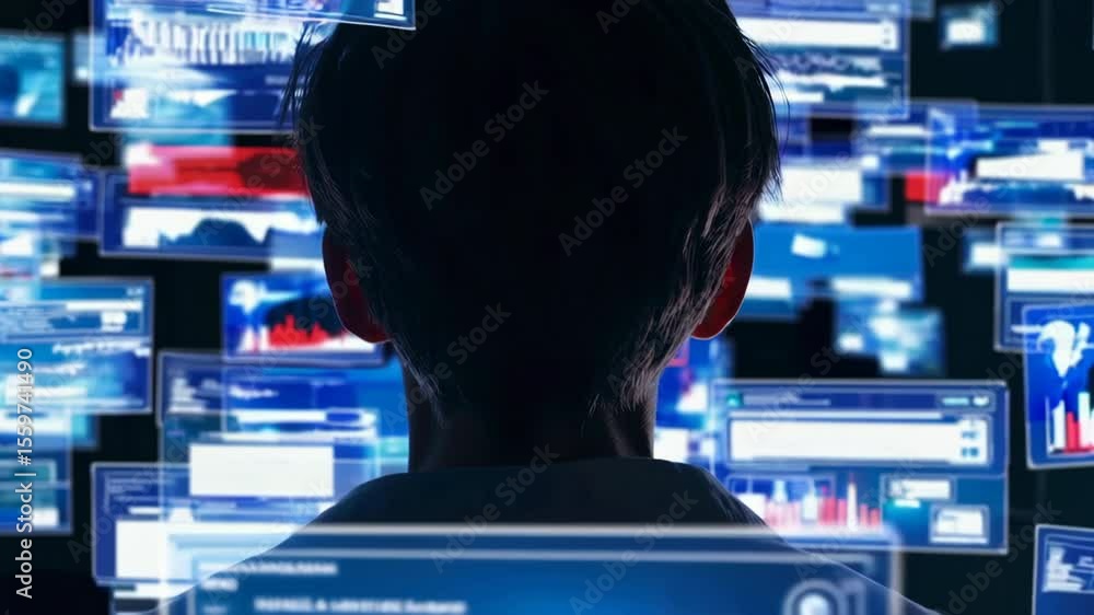 Poster businessman analyzing floating screens of data and information