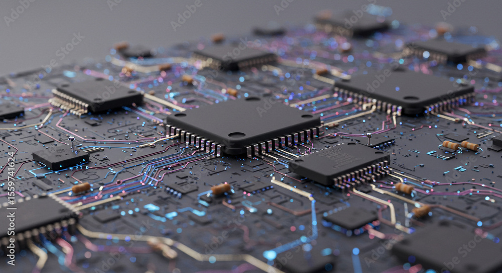 Poster a detailed close up view of a complex circuit board with multiple chips and intricate wiring pattern