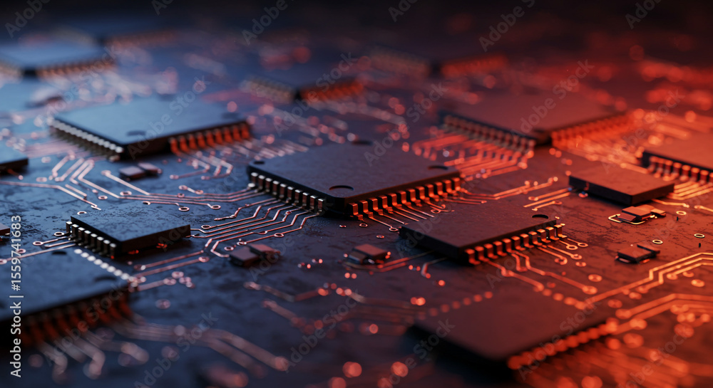 Poster a detailed close up of a circuit board with chips and intricate wiring patterns illuminated in red