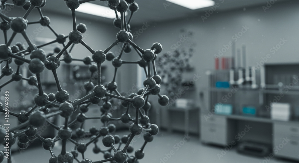Poster a close up of a complex molecule structure in a laboratory setting with blurred background details