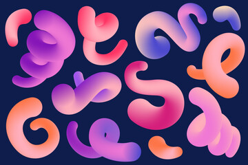 Gradient abstract colored shapes. 3d wavy fluid lines and curved ribbons. Organic design elements for dynamic modern poster. Trendy bright squiggles and strokes.