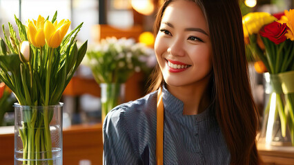Smiling florist woman flower shop bouquet blossoms happiness