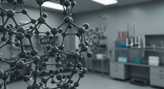 A close up of a complex molecule structure in a laboratory setting with blurred background details
