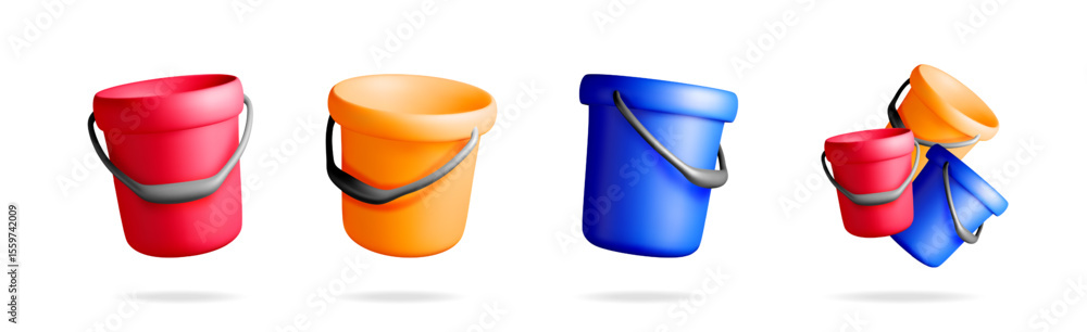 Aufkleber a collection of multiple colorful 3d buckets with handles. fun plastic pails in various positions fo