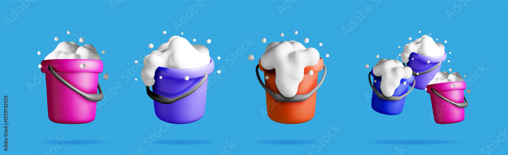 Fototapete set of 3d rendering multicolored buckets with white soapy foam and bubbles. household cleaning conce
