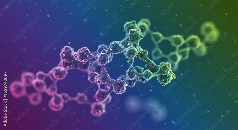 Poster close up view of a molecule structure with interconnected spheres against a colorful background