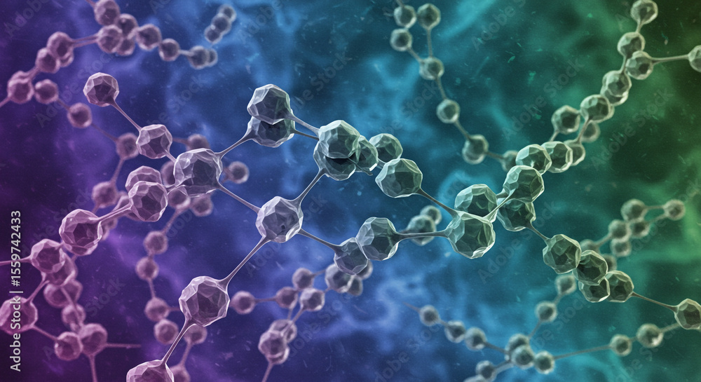 Poster abstract molecular structure with polygonal shapes and connections on a colorful background