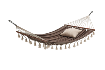 Handmade hammock, cream-colored fabric with wooden sides, isolated on a transparent background in PNG format.