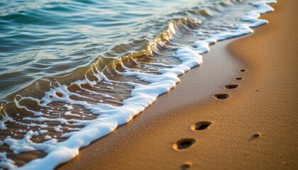 Footprints trail along a sandy beach as gentle ocean waves wash ashore under soft sunlight.