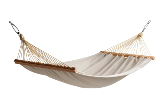 Handmade hammock, cream-colored fabric with wooden sides, isolated on a transparent background in PNG format.