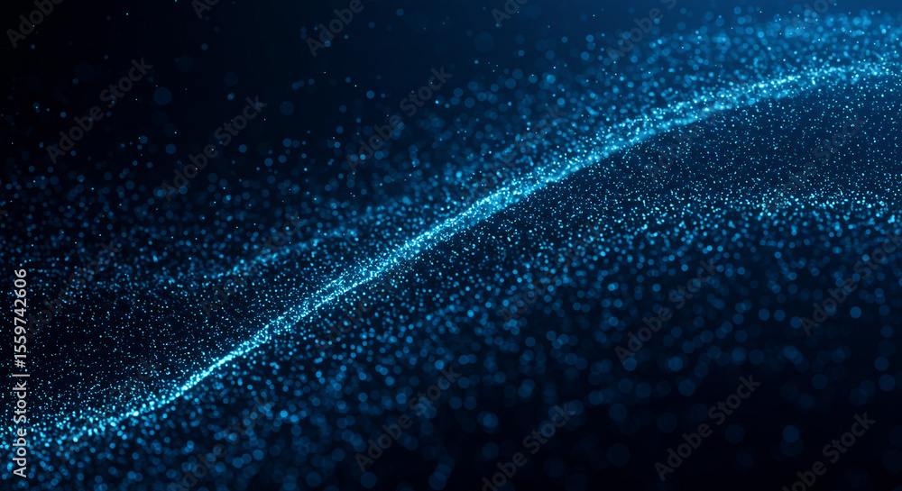 Poster a digital wave of blue particles flowing across a dark background with bokeh effect and depth of fie