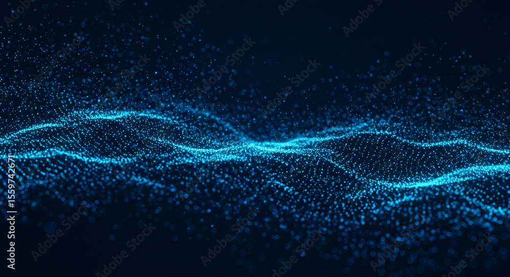 Poster abstract blue digital wave pattern with glowing particles on a dark blue gradient background