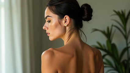 Back view woman female skin beauty wellness care home