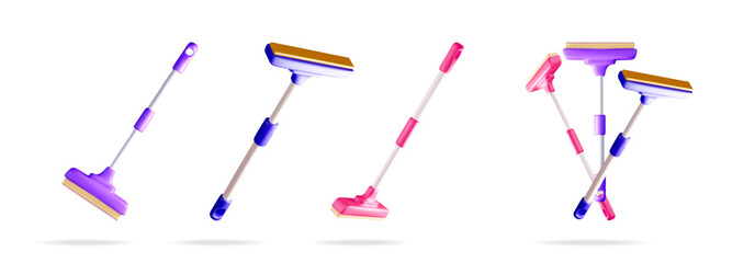 Three dimensional squeegee set for cleaning window or glass surfaces. Housework and home clean up concept illustration.