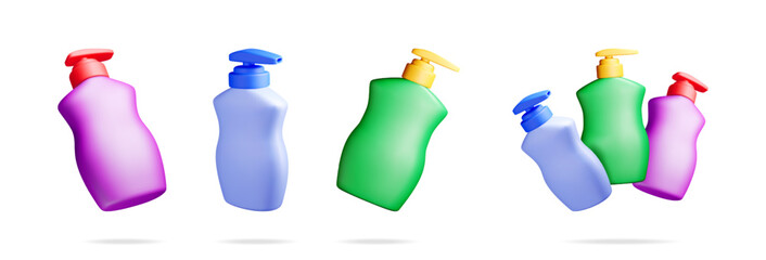 A collection of various colorful pump bottles in a whimsical 3D illustration. Cleaning supply concept for household and hygiene product advertising.