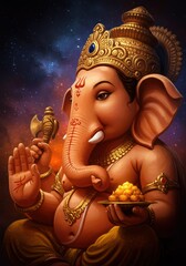 Fototapeta premium Cultural Ganesh Chaturthi Banner - Ganesha Sitting on Throne with Trunk in Varada Mudra