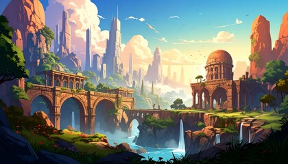 Fototapeta premium Ancient Wonders and Futuristic Skyline: A Serene Digital Painting