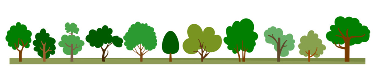 trees forest background horizontal picture scenery symbolic trees cartoon style set of deciduous trees location © SachiDesigns