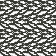 Crayon fish school monochrome seamless pattern. Sardines hand drawn black and white endless background. Nautical repeat cover. Surface pattern design water motif. Vector illustration.