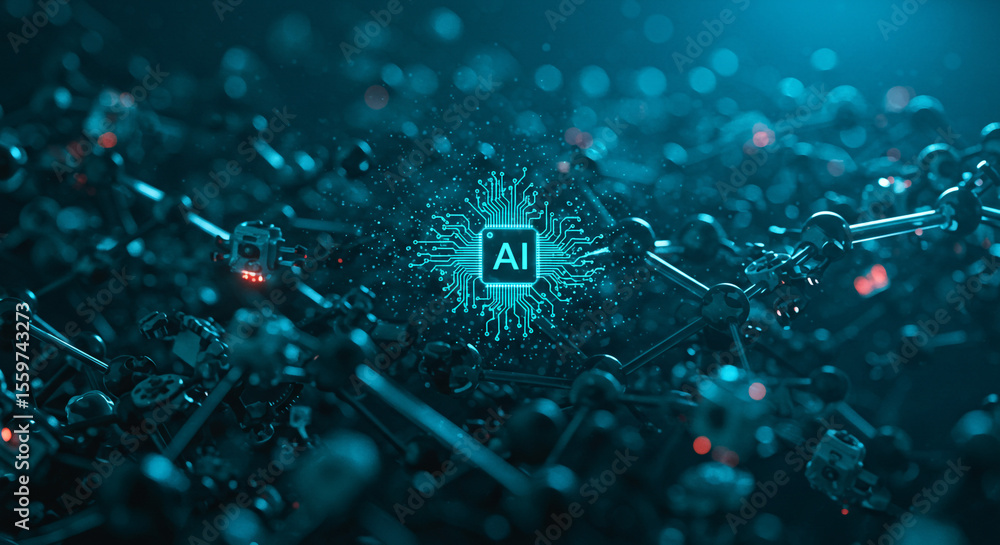 Poster ai chip surrounded by connected nodes in a futuristic blue setting with bokeh lights and dark backgr