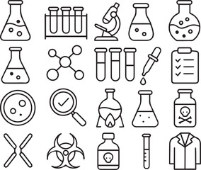 Laboratory line editable icon set. Containing experiment, test tube, microscope, flask, chemical, biology, research, lab and more. Editable stroke. Vector illustration