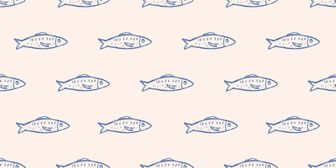 Crayon fish seamless pattern. Sardines hand drawn endless background. Nautical repeat cover. Sea continuous ornament. Surface pattern design water motif. Vector simple illustration.