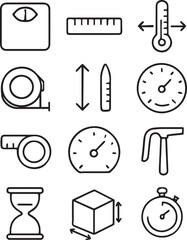 Obraz premium Measure line editable icon set. Containing scale, ruler, size, dimension, temperature, gauge, and more. Vector illustration.