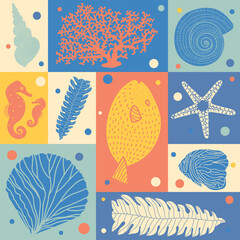 Cute seamless pattern with algae, corals and seashells.
Can be used in textile industry, paper, background, scrapbooking.