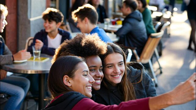 Group of smiling teenagers taking a selfie at an outdoor caf&eacute; on a sunny day, friends enjoying time together in a vibrant urban setting &ndash; Generative AI