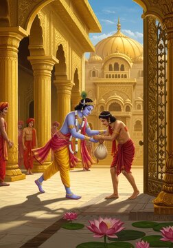 Lord Krishna Welcomes Sudama in Royal Dwarka - Timeless Friendship Story Digital Art